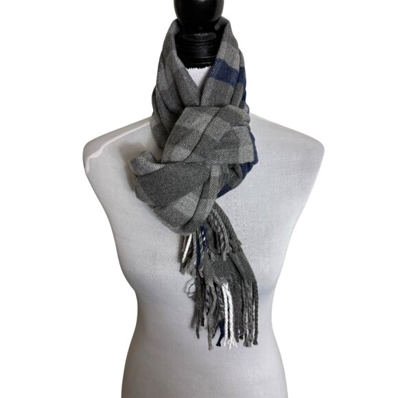 Winter Plaid Cashmere Feel Scarf Tassels Grey Blue Italian Design Warm Gift - Picture 4 of 13